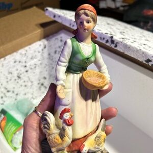 Vintage Hand-Painted Ceramic Figurine of Woman with Chickens
